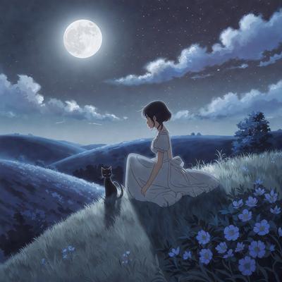 The primary subject of the image is a woman sitting on a hillside at night, with a cat standing nearby. The setting is a grassy hill with a night sky in the background. The visual style is an illustration or digital art, creating a serene and peaceful atmosphere. The colors are predominantly blue, with the night sky and the woman's dress, and the cat is black.
